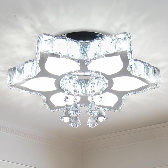 FRIXCHUR 16.1" Crystal Chandeliers Crystal Ceiling Light Fixtures LED Flush Mount Light Flower Modern Chandelier Light Ceiling Lamp for Living Room Bedrooms Dining Room(White)
