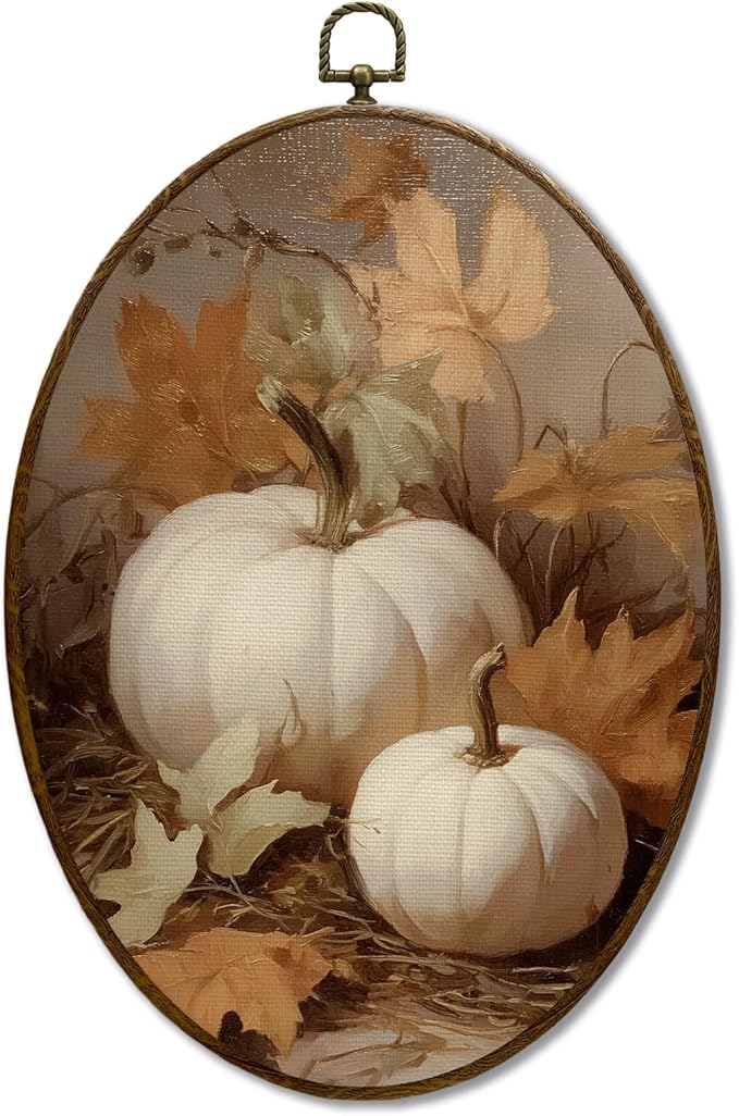 JQF Vintage Fall Pumpkin Oval Wall Art, Farmhouse Autumn Pumpkin Maple Leaf Oval Canvas Wall Art, Retro Rustic Fall Framed Prints Hanging Decor for Home Bedroom Living Room, 8.5x11.5 Inch