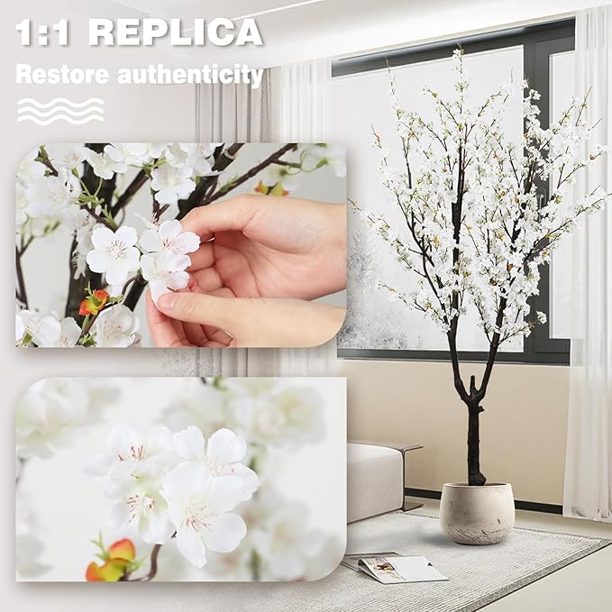 Faux White Cherry Blossom Tree 6ft(72in) Tall Artificial Plant Home Decor Handmade Natural Fake White Flower Tree for Wedding Realistic Silk Cherry Plant in Pot for Living Room,Office,Outdoor Decor.