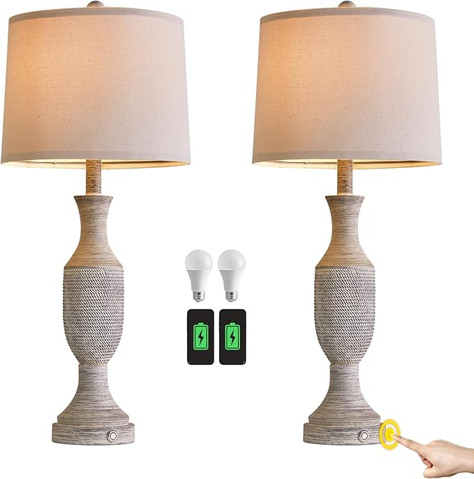 OYEARS 27.75”Touch Table Lamp 3 Way Dimmable Free Control,Beside Lamps with USB Ports Outlets,Lamp Bedroom Set 2,Farmhouse Lamp for Bedroom,Living Room,Vintage Office Linen Fabric Shade Resin Base