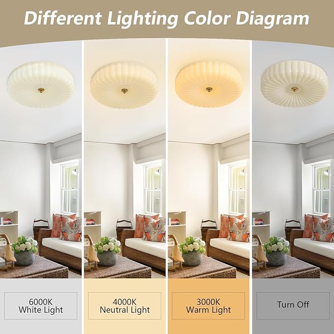 KCO Lighting Round Large LED Flush Mount Ceiling Light Yellow Ribbed Glass Flush Mount Light Mid Century Modern Bedroom Ceiling Lamp Unique Entryway Ceiling Light Fixtures