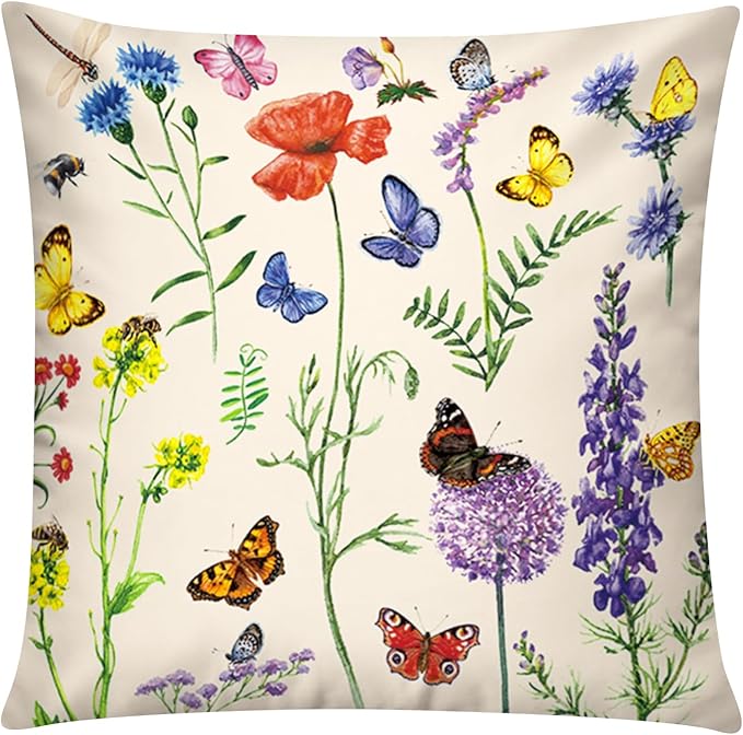 COMMINY Red Pink Flower Pillow Cover 18x18 Set of 6 Summer Throw Pillow Covers Colorful Floral Cushion Covers for Couch Sofa Living Room Home Decor