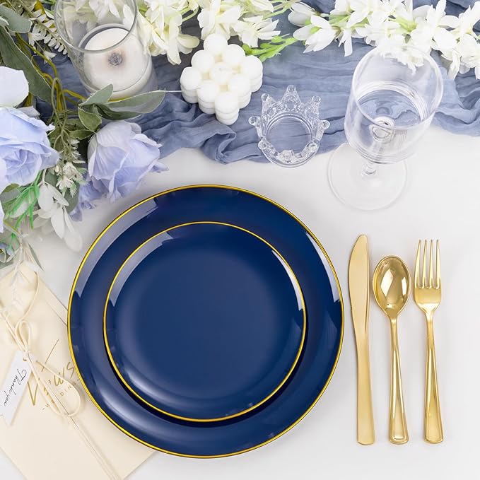 YOUBET 125PCS Blue Plastic Plates - Blue and Gold Plates - Navy Blue Disposable Plates With Gold Rim Include 25 Dinner Plate, 25 Dessert Plate, 75 Golden Silverware Cutlery for Party & Wedding
