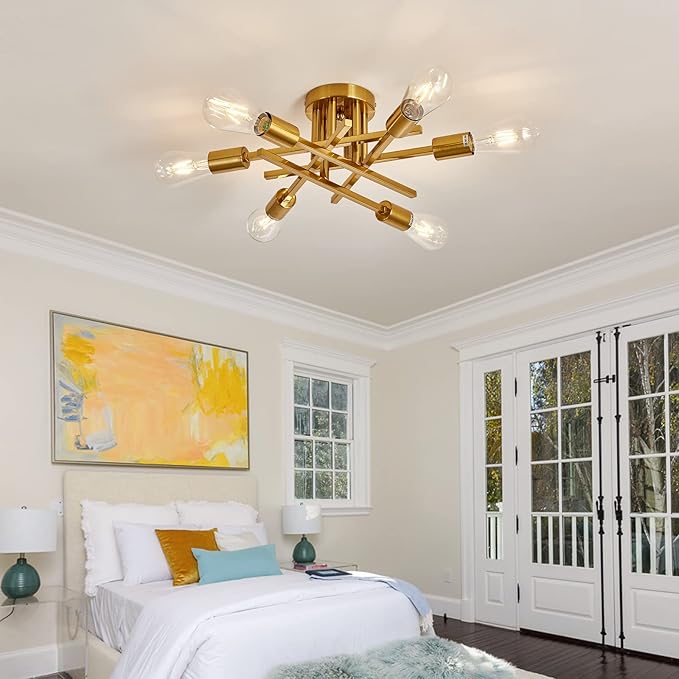 ASGYISA 6-Lights Semi Flush Mount Ceiling Light Fixture Gold Modern Matte Sputnik Chandelier Vintage Ceiling Lamp Farmhouse for Kitchen Bedroom Dining Room Living Room with E26 Bulb Base