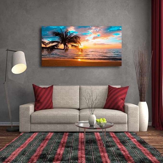 Sunset Beach Picture Canvas Wall Art Print for Living Room and Bedroom Wall Decor,Seascape Palm Landscape Print Paitnings for home Decor,Morden Artwork Sunset Canvas Art Waterproof Stretched Ready to