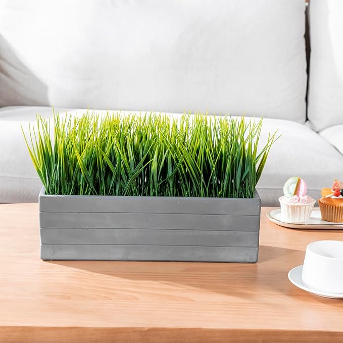 MyGift 14 Inch Artificial Green Grass Plants in Ribbed Dark Gray Concrete Rectangle Planters, Tabletop Faux Greenery in Rectangular Cement Pot Centerpiece Décor
