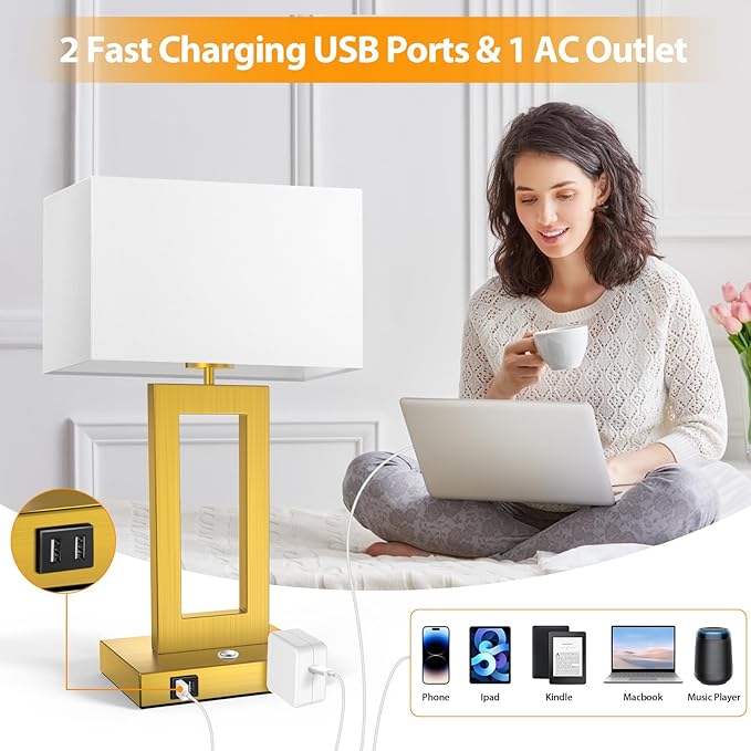 3 Color Temperatures Touch Control Table Lamps Set of 2, Stepless Dimmable Bedside Lamps with 2 USB Ports&AC Outlet, Modern Nightstand Lamps for Bedroom Living Room, Bulbs Included, Gold&White