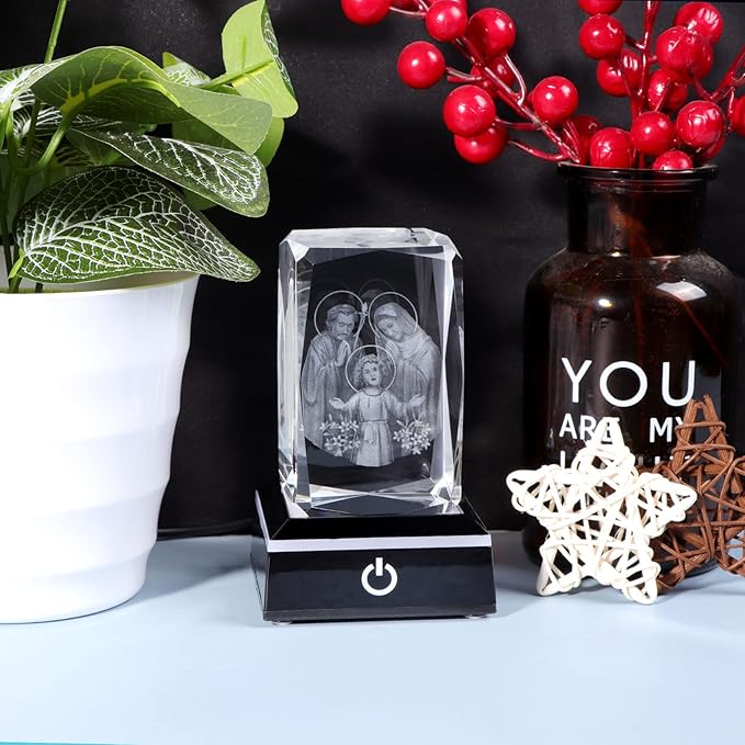 Movdyka 3D Crystal Jesus Figurine Religious Gifts for Women Men Christian Laser Engrave Holy Family Religious Christmas Ornaments Decorations with Colorful LED Base