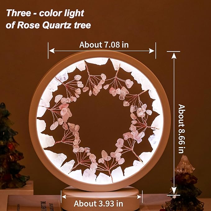 Runyangshi Crystal Night Lamp Natural Rose Quartz Crystals Small Tree Bedside Ambient Lamp USB Port 3 Colours Adjustable Lamp Suitable Night Light for Living Room Bedroom Office Home Decor Gift