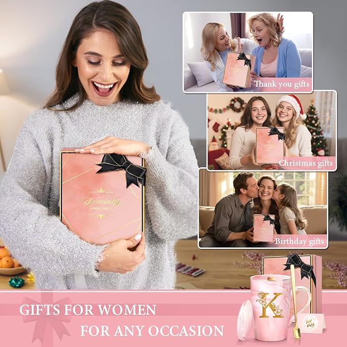 Coffee Mugs - Personalized Gifts for Women, Initial Customized Ceramic Marble Cups 14 Oz Pink, Luxury Birthday Christmas Mother's Day Gift for Her Mom Grandma Girlfriend Friend Unique,K