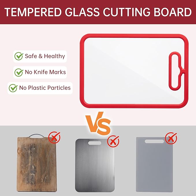 Tempered Glass Cutting Board for Kitchen Counter, Chopping Board with Non-Slip Edges, non toxic cutting board Set dishwasher safe, Heat & Shatter Resistant (Red 15"×11")