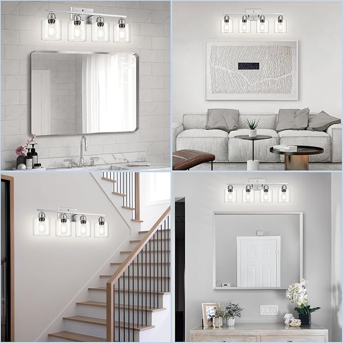Brushed Nickel Vanity Lights for Bathroom, 4 Light Bathroom Vanity Light Over Mirror, Wall Lights with Clear Glass, E26 Socket