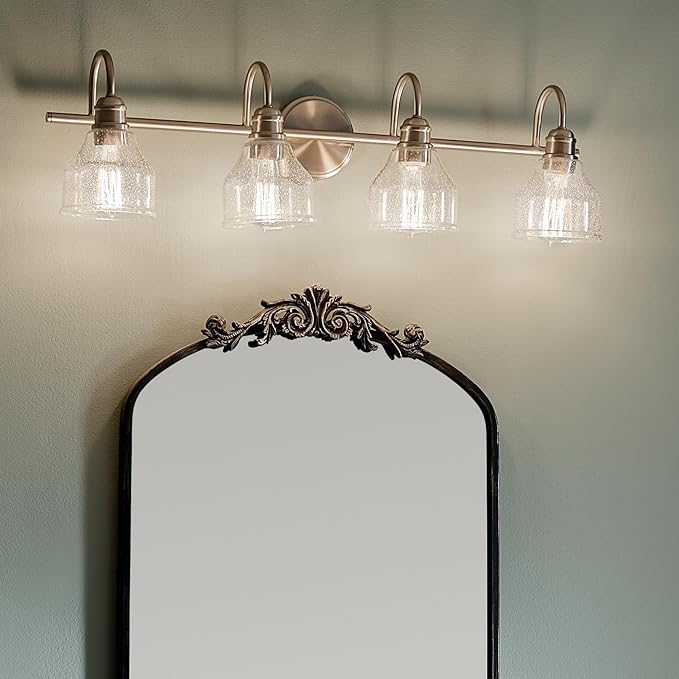 Kichler Avery 33.25" Vanity Bath Light in Brushed Nickel, Vintage 4-Light Bathroom Wall Mount Fixtured with Clear Seeded Glass, (24" W x 9.25" H), 45974NI White
