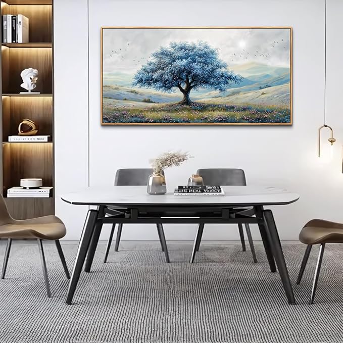 ZUITINGHUA Wood Framed Canvas Wall Art For Living Room Large Wall Decor For Office Bedroom Decorations Blue Tree Landscape Pictures Farmhouse Paintings Artwork Wall Mural Modern Home Decor 30x60 In