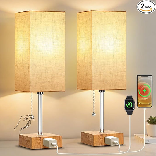 Bedside Table Lamps for Bedroom Nightstand, Bedroom Lamp with 3 Color Temperatures Nightstand Lamps Set of 2 with AC Outlets, Square Pull Chain Bedside Lamp for Living Room, Home Decor