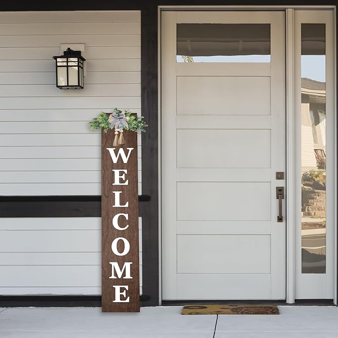 Outdoor Welcome Sign for Front Door Standing 47"X8" Large Farmhouse Wood Framed Tall Leaner Vertical Decor Rustic Home Outside Welcome Sign for Front Porch Decoration (Wood)