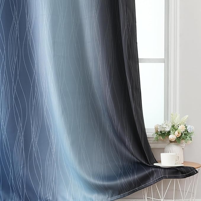 Estelar Textiler Black and Navy Blue Ombre Blackout Curtains 45 Inch Length, Full Room Darkening Gradient Drapes for Kitchen, Thermal Insulated Grommet Short Curtains for Bathroom, 52Wx45L, 2 Panels