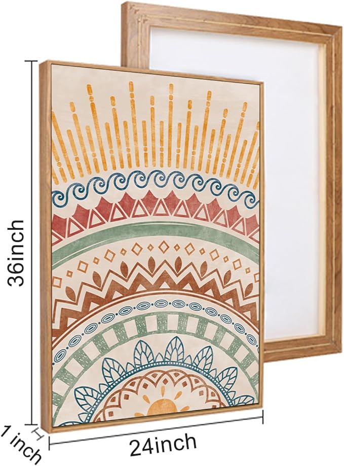 HPINUB Boho Sun Framed Canvas Wall Art Set, Mid-Century Modern Wall Decor, Minimalism Bohemian Wall Painting, Abstract Geometric Pattern Art Print for Living Room, Bedroom, Office - 24"x36"x3