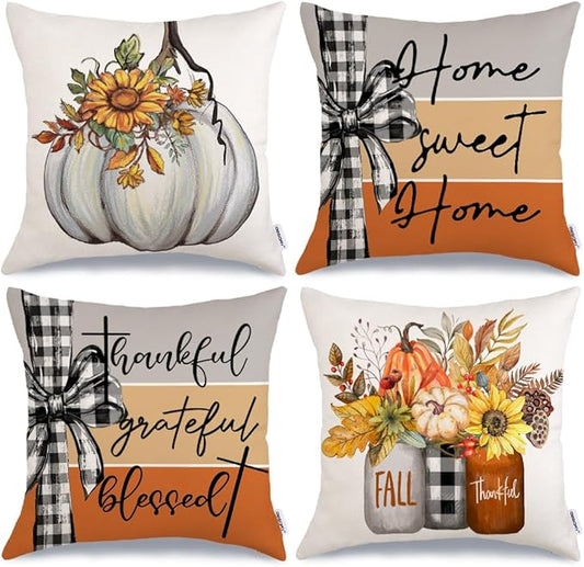 GEEORY Fall Throw Pillow Covers 20x20 Inch Set of 4, Pumpkins Mason Jars Sweet Home Striped Autumn Thanksgiving Seasonal Decorative Farmhouse Decoration (Off-White) G637-20