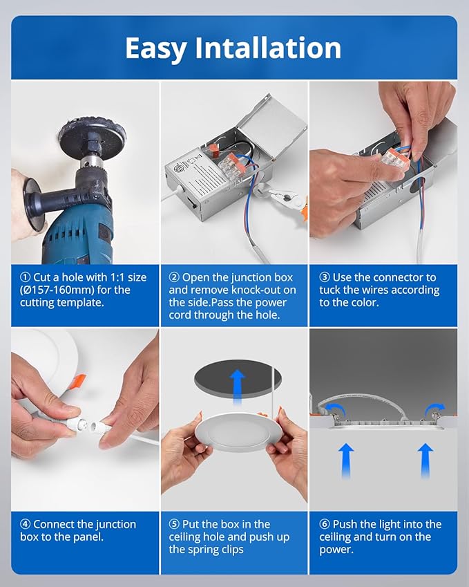 6 Inch LED Recessed Ceiling Light, 12W Dimmable Canless Wafer Downlight, Damp-Rated for Kitchen Living Room Basement Bathroom, Ultra Thin with Junction Box, 1000LM 7CCT 2700K-6500K, 20 Pack