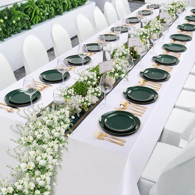 YOUBET 125PCS Green Plastic Plates - Green Disposable Plates With Gold Rim Include 25 Dinner Plate, 25 Dessert Plate, 75 Gold Plastic Cutlery for Party Wedding