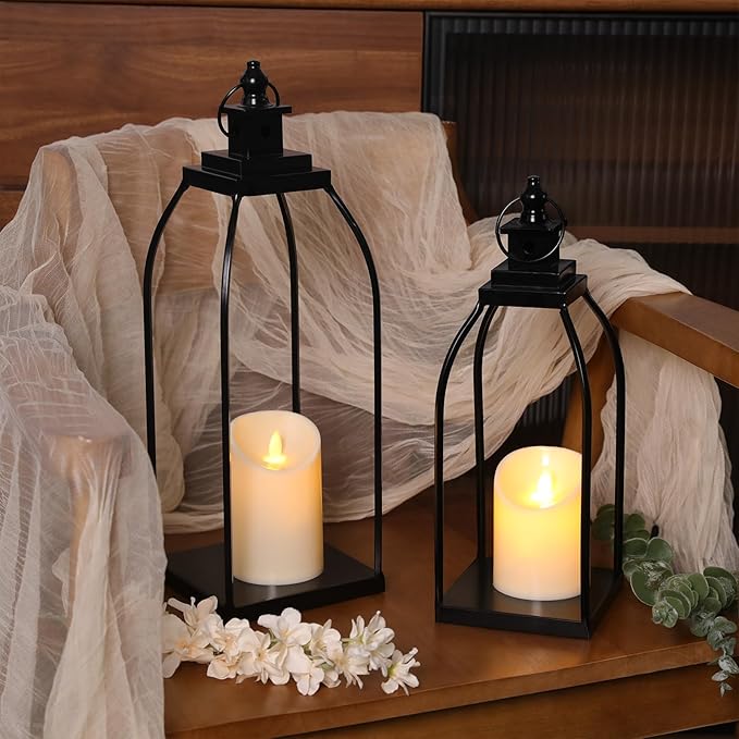 Modern Farmhouse Lantern Decor Outdoor & Indoor- 17'' 14'' Black Metal Candle Lanterns for Christmas, Lanterns Decorative with 2 Flameless Candles for Porch,Patio,Home,Fireplace Mantle Decor
