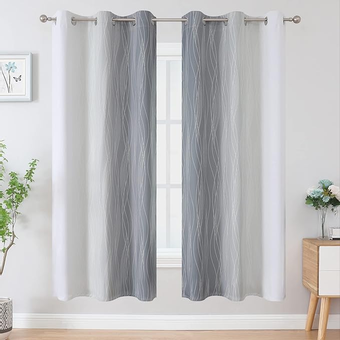Estelar Textiler Full Room Darkening Greyish White and Grey Blackout Curtains for Living Room, Ombre Thermal Insulated Full Light Blocking Grommet Gray Blackout Drapes for Bedroom, 42Wx72L, 2 Panels