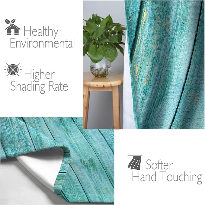 Jekeno Wooden Blackout Curtains Blue Gradient Wood Board of Farmhouse Village Rural Lodge Nature Retro Decor for Home Bedroom Living Room Grommet Window Drapes 2 Panel Set, 52"x84"