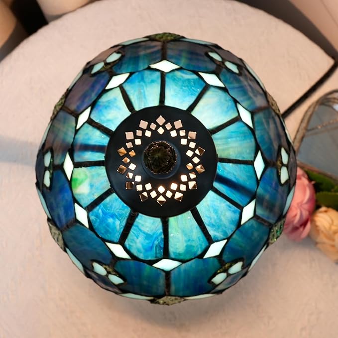 8 Inch Tiffany Style Colorful Lamp, Blue Green Umbrella Retro Design Bedside Lamp, Suitable for Bedroom, Dormitory Cafe and Other Home Art Decoration