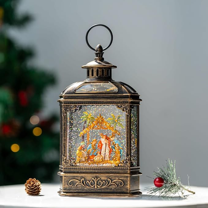 Christmas Snow Globe Swirling Glittering Nativity Scene with Music, USB Lined/Battery Operated Lighted Water Lantern for Christmas Festival Decoration Gifts