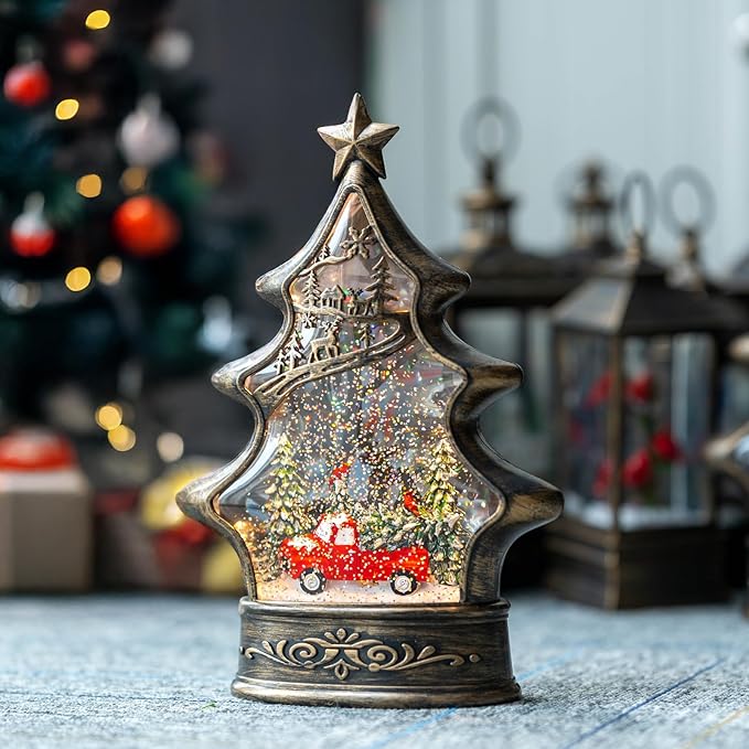 Christmas Snow Globe Lantern Water Glittering Christmas Tree with Red Truck, USB Lined/Battery Operated Lighted Lantern for Christmas Festival Decoration Gifts