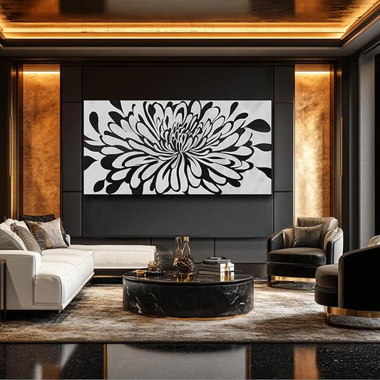 Modern Large Framed Artwork Black Line Art Flowers Painting on Canvas Office Home Wall Decor White Pictures 29x58 Inch Neutral Wall Art