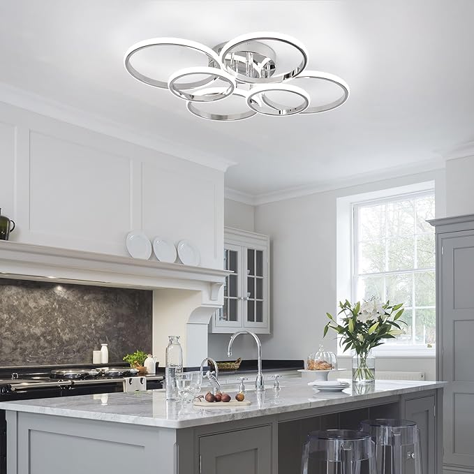 Modern Ceiling Lights, 6 Rings Dimmable Chrome LED Ceiling Light Fixtures with Remote Control, 60W Close to Ceilings Lighting for Living Room, Bedroom, Dining Room