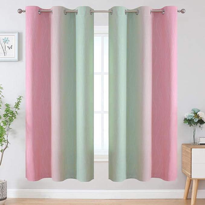 Estelar Textiler Sage Green and Pink Ombre Blackout Curtains 72 Inches Length for Bedroom, Thermal Insulated Light Blocking Grommet Gradient Blackout Drapes for Living Room, 42Wx72L, 2 Panels
