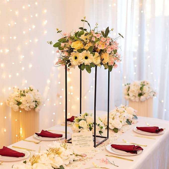 Sziqiqi Wedding Centerpieces Vase for Tables with Plates - 2 Pcs Metal Column Geometric Flower Stand 23.6in Black Flower Display Rack Decorations for T-Stage Reception Party Fiesta Event Home