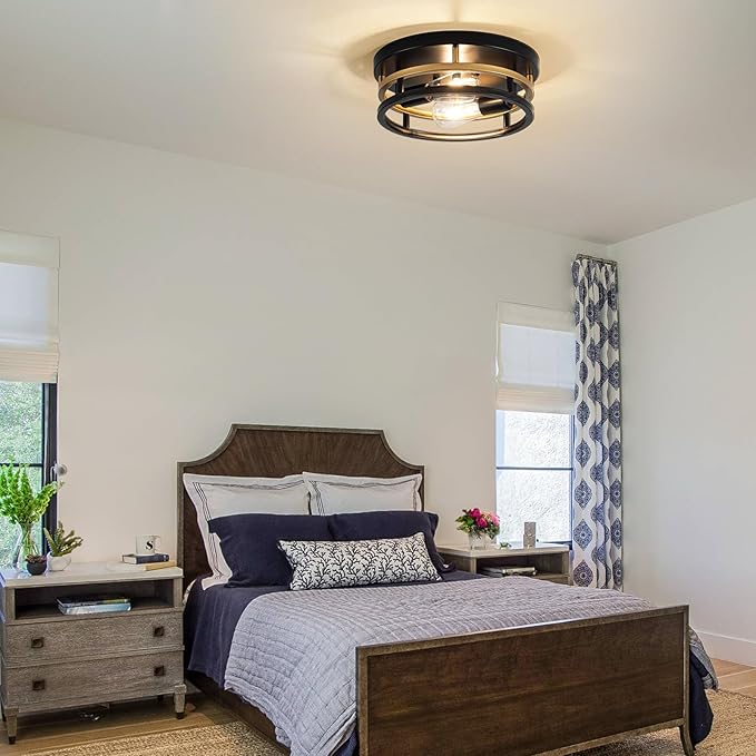 2 Light Industrial Ceiling Light Black Gold Semi Flush Mount Lights Close to Ceiling Light Fixtures,cage design Farmhouse Ceiling Lighting for Kitchen Bedroom Bathroom Foyer Hallway (E26, 1Pack)