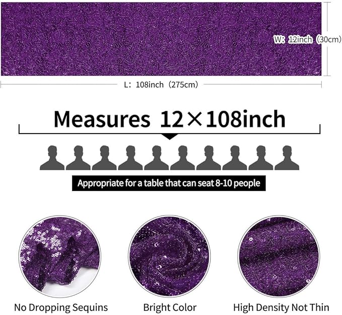10 Packs 12 x 108 inches Purple Sequin Table Runner, Glitter Purple Table Runner for Wedding Birthday Bachelorette Holiday Party Supplies Decorations Bridal Shower Baby Shower