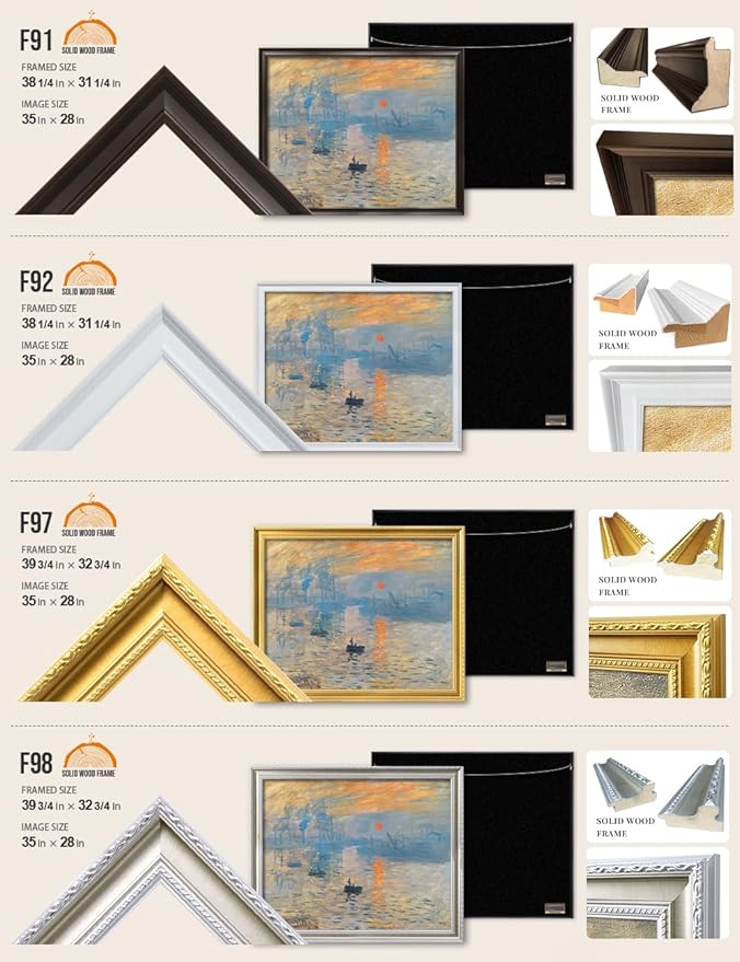 DECORARTS - Claude Monet Impression Sunrise, Large Framed Wall Art, Canvas Size 28x35, Outer Dimensions Larger With Customizable Solid Wood Frames, Giclee Canvas Print, Made in USA