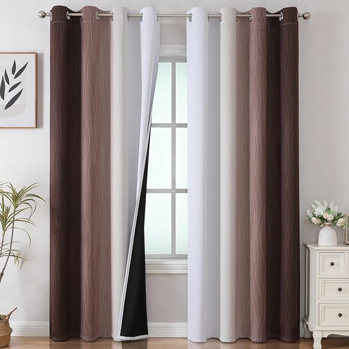 Estelar Textiler Brown and Greyish White Gradient Blackout Curtains 102 Inches Long for Bedroom, Thermal Insulated Full Room Darkening Ombre Grommet Drapes for Living Room, 52Wx102L, 2 Panels
