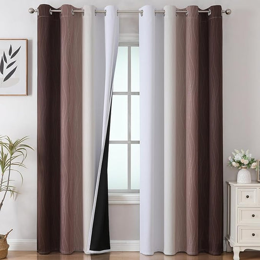 Estelar Textiler Brown and Greyish White Gradient Blackout Curtains 102 Inches Long for Bedroom, Thermal Insulated Full Room Darkening Ombre Grommet Drapes for Living Room, 52Wx102L, 2 Panels