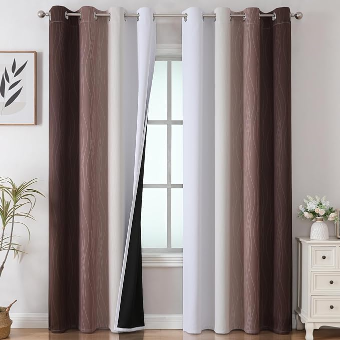 Estelar Textiler Brown and Greyish White Gradient Blackout Curtains for Bedroom, Thermal Insulated Ombre Blackout Drapes, Full Light Blocking Energy Saving Curtains for Living Room,52Wx96L,2 Panels