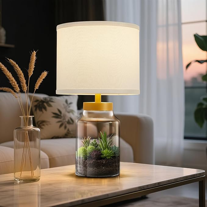 GyroVu Fillable Table Lamp, Bedside Lamp with Clear Glass Fillable Lamp Nightstand Lamp for Living Room Bedrooms Office, Bulbs Included(Gold+White Lampshade)