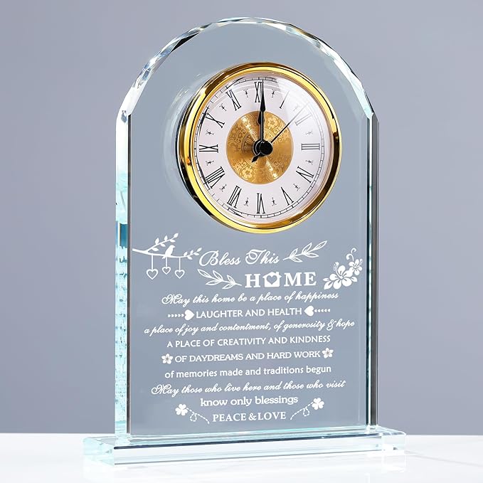 YWHL House Warming Gifts New Home Crystal Glass Clock Housewarming Gifts for Women Men Best Housewarming Gift Ideas Home for Couple Presents House Blessing Warming Gifts New Apartment