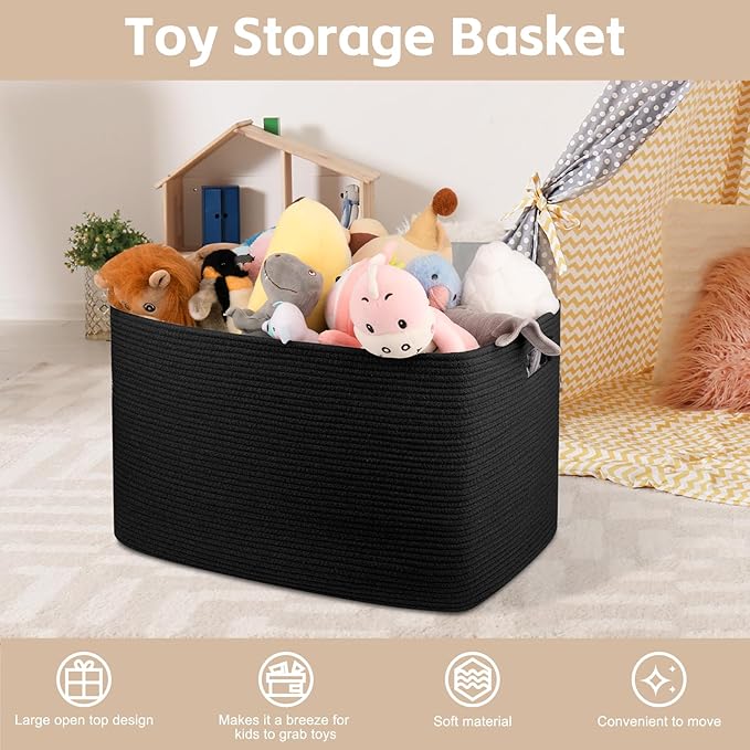 OIAHOMY 118L XXXLarge Cotton Rope Storage Basket, Oversized Blanket Basket, Used for Organizing Dirty Clothes in Living Room, Bedroom, Nursery, Dog Toy Storage Bins, 25" x 17" x 16",Black