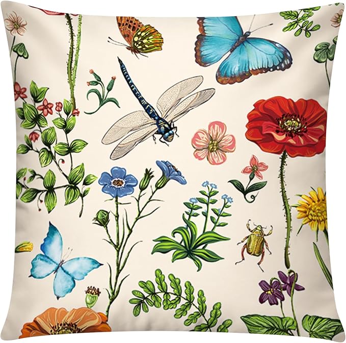 COMMINY Red Pink Flower Pillow Cover 18x18 Set of 6 Summer Throw Pillow Covers Colorful Floral Cushion Covers for Couch Sofa Living Room Home Decor