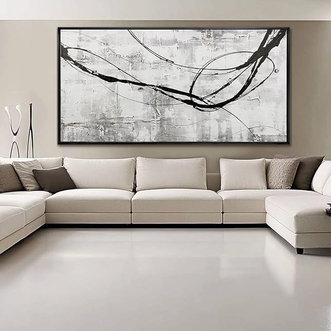 XIANSHOU Black Line Canvas Pictures Gray Decorative Painting 29"x58" Wood Wall Art Modern Art Prints Abstract Wall Art for Living Room Wall Pictures for Bedroom