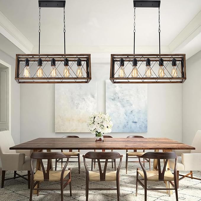 Farmhouse Light Fixtures,5-Light Dining Room Light Fixture,Height Adjustable, Industrial Metal Kitchen Pendant Lighting Over Island, Chandelier for Dining Table Kitchen Sink, Wood Grain Finish.