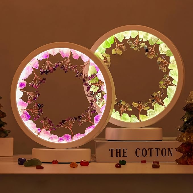 Runyangshi Natural Crystal Green Fluorite Small Tree Round White Frame Tri-Color Ambient Light Home Decoration Night Light Mother's Day Gift