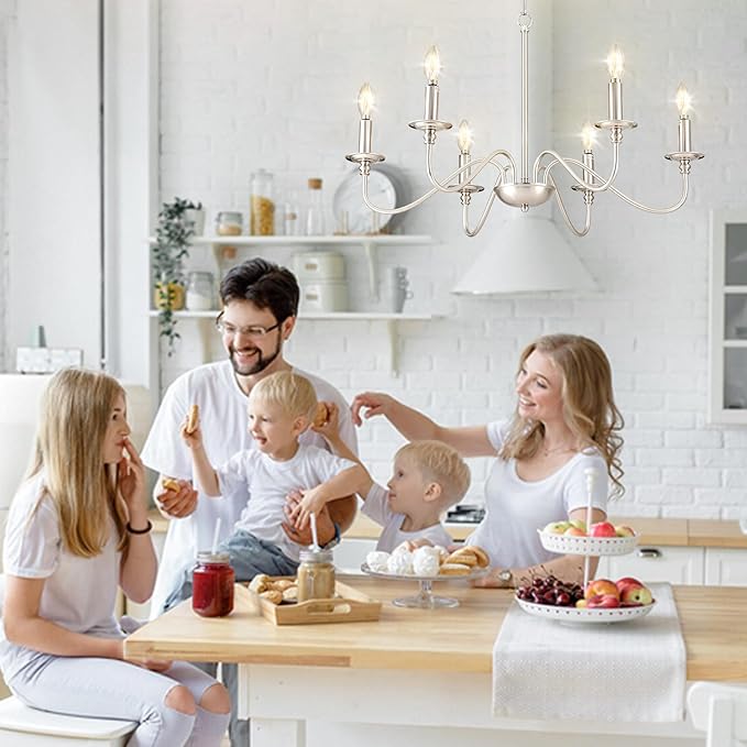 Depuley Modern Chandelier for Dining Room: 6-Light Brushed Nickel Farmhouse Hanging Ceiling Pendant Light Fixture for Kitchen Island - Industrial Vintage Candle Chandeliers for Living Room