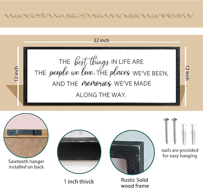 Comurdyo The Best Things in Life Sign 32''×12'' Framed Wood Memories Inspirational Quotes Wall Decor Vintage Farmhouse Wedding Gifts Sign Wall Art for family Home Bedroom (Black)